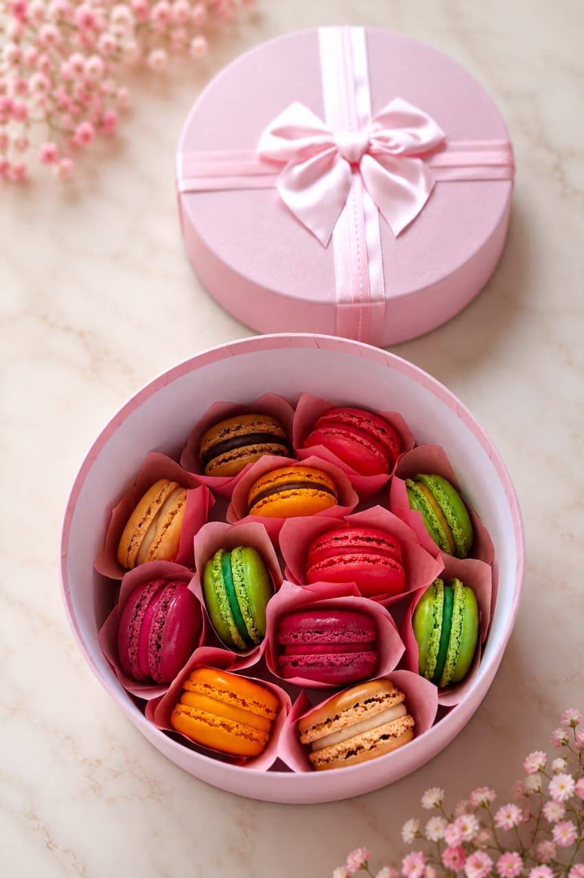 Coffret rond rose garni de macarons artisanaux colorés avec son couvercle à nœud — Plaisirs Sucrés By Nathalie