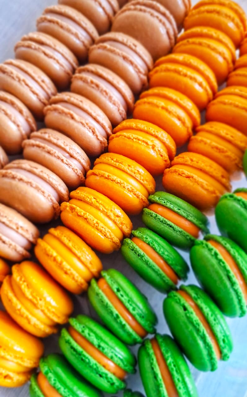 Macarons artisanaux chocolat, passion, pistache et mangue en rangées colorées — Plaisirs Sucrés By Nathalie