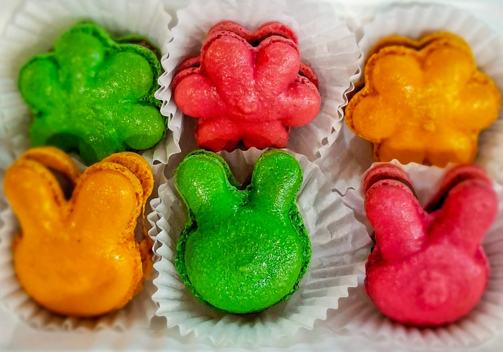 Macarons artisanaux en formes fantaisie (lapins et fleurs) colorés pour Pâques et événements — Plaisirs Sucrés By Nathalie